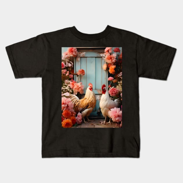 Retro Elegant Art - Chicken and Flowers by the coop Kids T-Shirt by The Whimsical Homestead